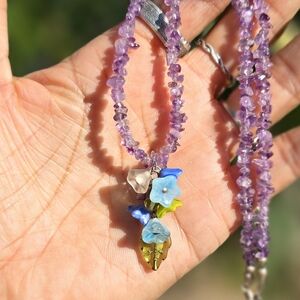 Adorable artisan handmade amethyst chips flower leaf cluster 925 sterling silver